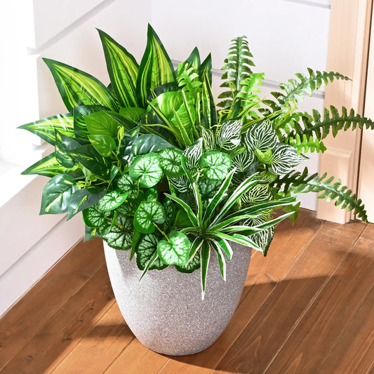 8/13 Bundles Artificial Greenery Plants Fake Plastic Leaves with Stems UV Resistant Large Bunches outside Faux Plants Bushes for Outdoor Patio Garden Front Porch Yard Decor Home Decoration Bouquet Fake Flower Basket