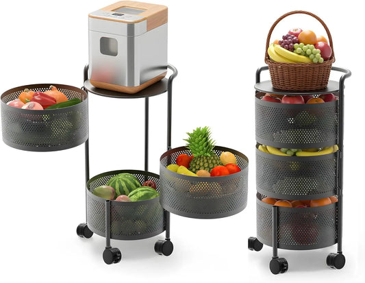 JAQ Rotating Fruit Basket, 5-Tier Metal Sturdy Kitchen Storage Rack Shelf Carts No Assembly on Rolling Wheels for Fruit Vegetable Grocery Corns Potato Onion (5-Tier, Black)