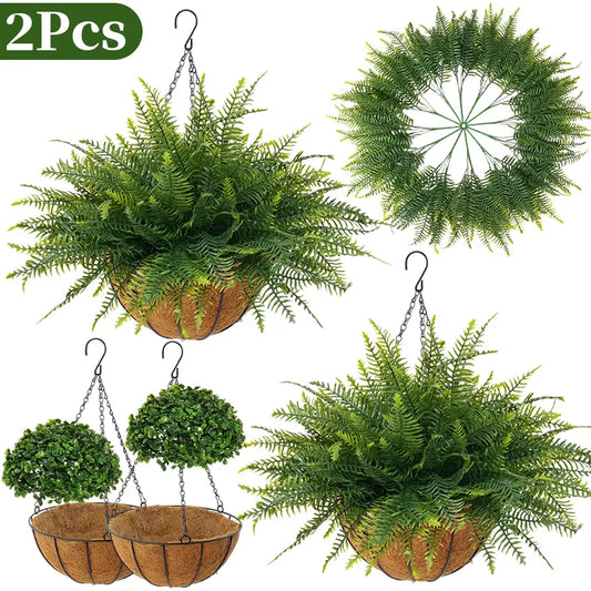 2 Set Artificial Hanging Fern Plants Outdoor Fake Hanging Ferns Planter, Includes Hanging Flower Basket and Artificial Fern, UV Resistant Faux Fern Plant Basket for Outdoors Patio Garden Home Decor